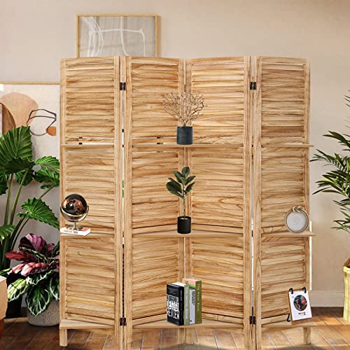 4 Panel Wooden Room Divider with Shelves (Deep Brown) Q65876