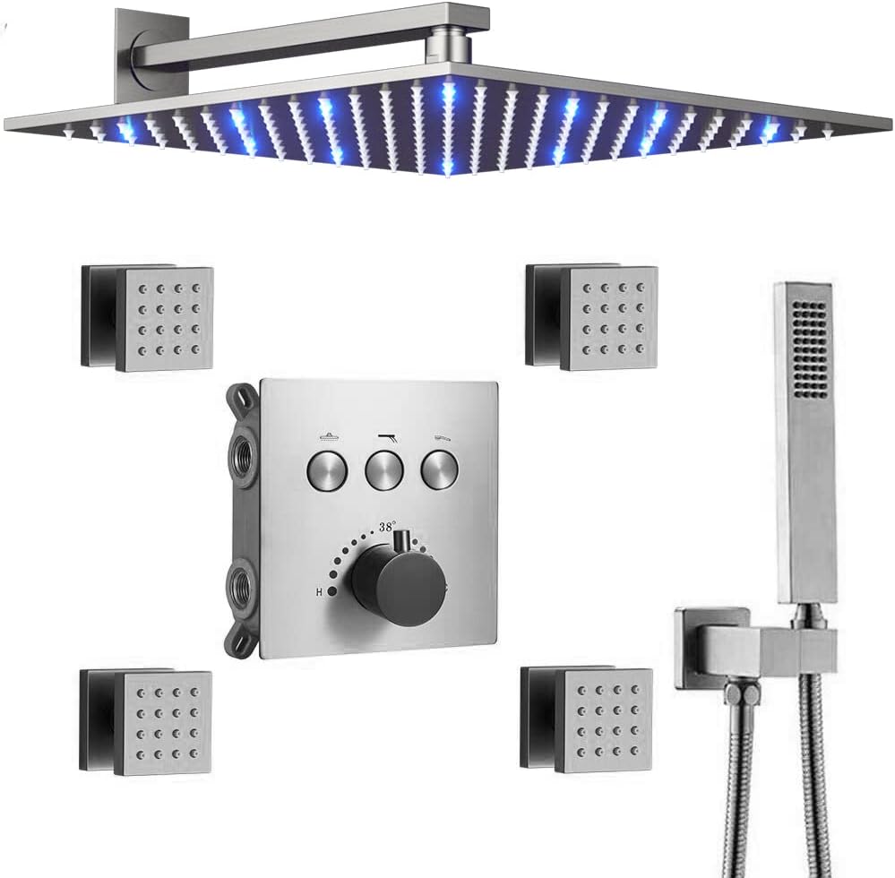 12 Inch Brushed Nickel Thermostatic Rain Shower Head Combo System S474901