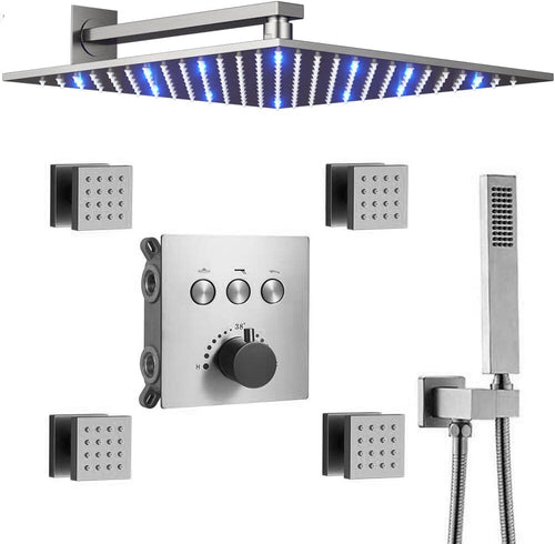 12 Inch Brushed Nickel Thermostatic Rain Shower Head Combo System S474901