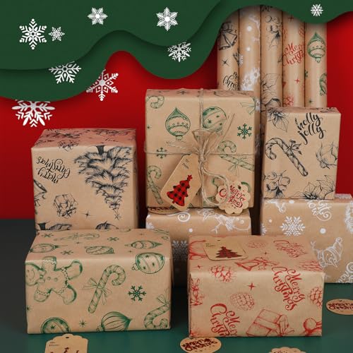 5 Rolls 17" x 120" Vintage Kraft Christmas Wrapping Paper Set L616