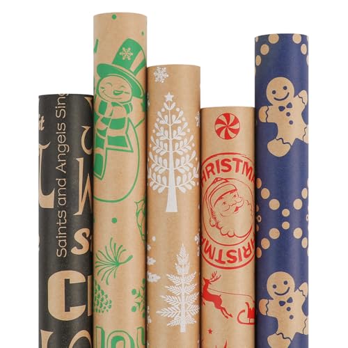 5 Rolls 17" x 120" Vintage Kraft Christmas Wrapping Paper Set L616