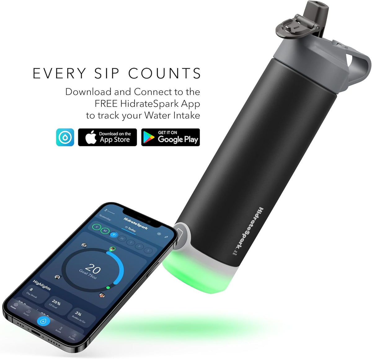 Insulated Stainless Steel Smart Water Bottle, 20 oz, Black W72615