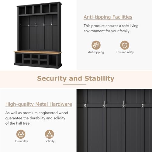 Black Wide Entryway Hall Tree with Storage Bench, Shoe Cabinet with Cube Storage, Coat Rack with 6 Hooks S7506