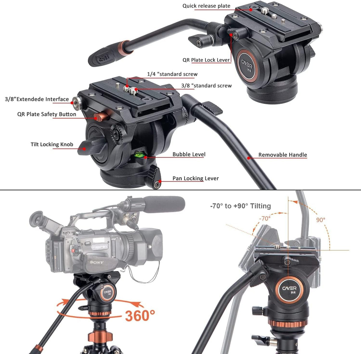 67 inches Carbon Fiber 4-Section Video Tripod with Fluid Drag Head X9635