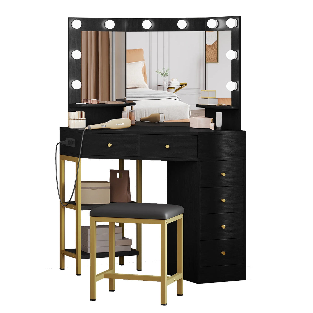 Black Corner Vanity Desk with Mirror and 6 Drawers R439