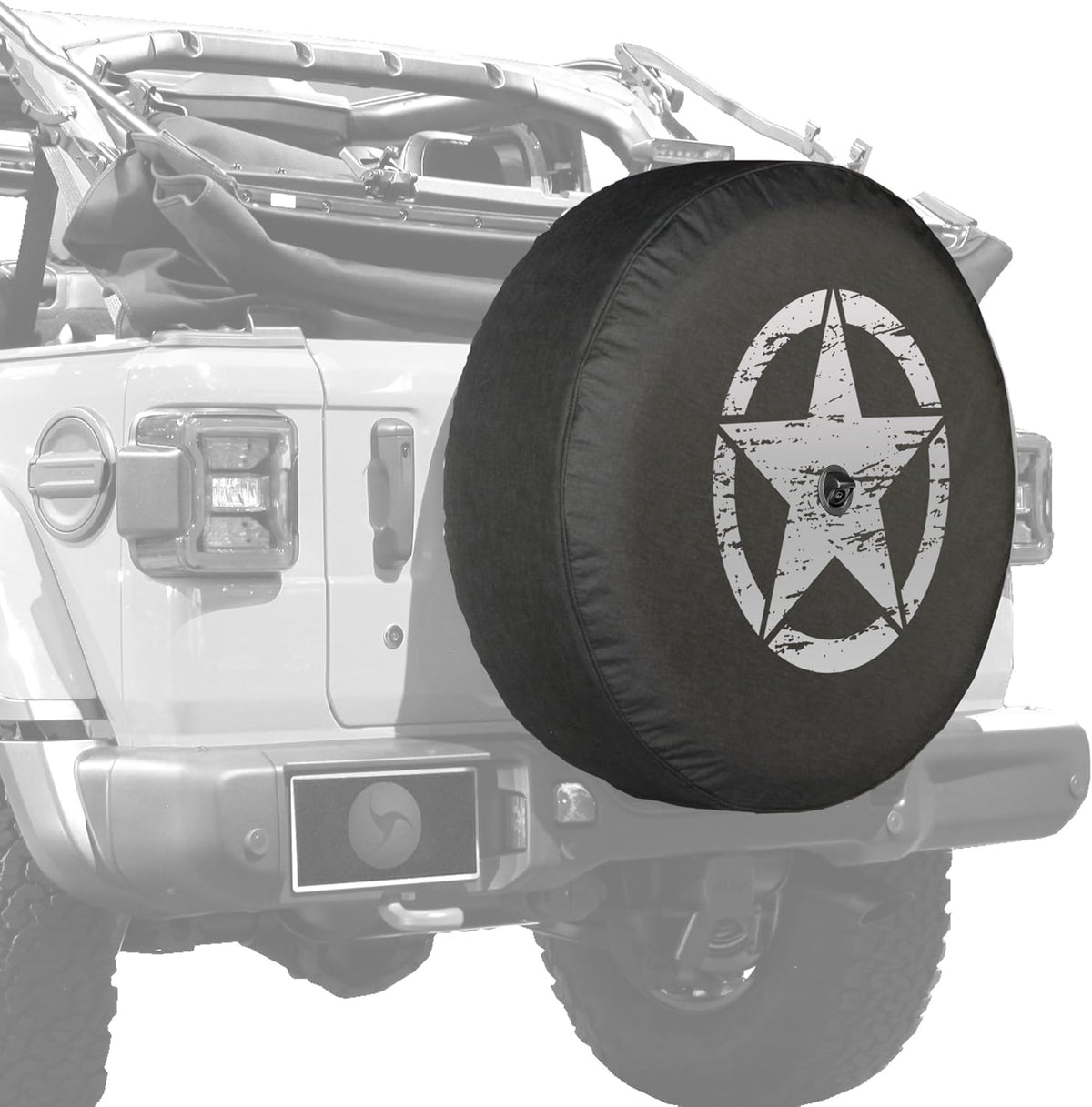Distressed Star White Print 32 Soft Tire Cover for Jeep Wrangler JL with Back-up Camera Q6309