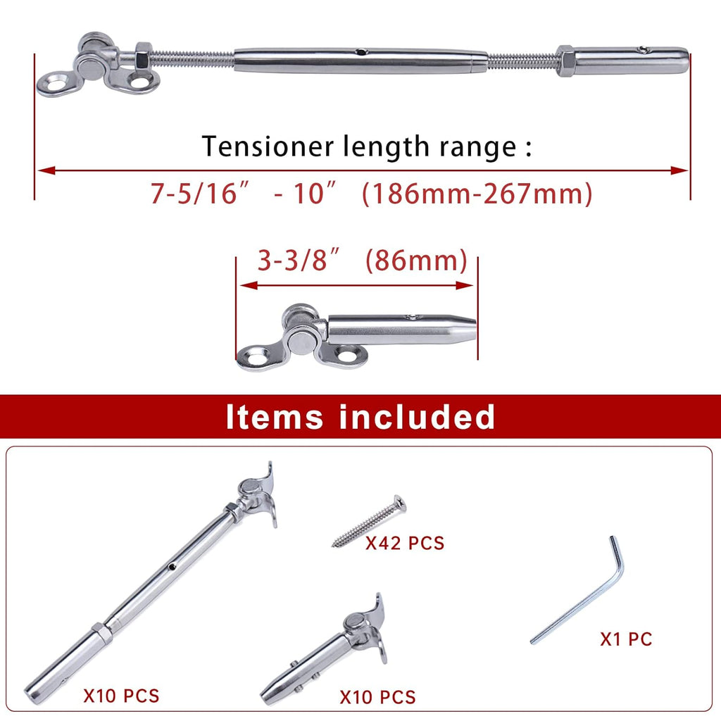 10Set Swageless Cable Railing Kit 1/8 Toggle Turnbuckle Hardware T316 Stainless Steel I90578