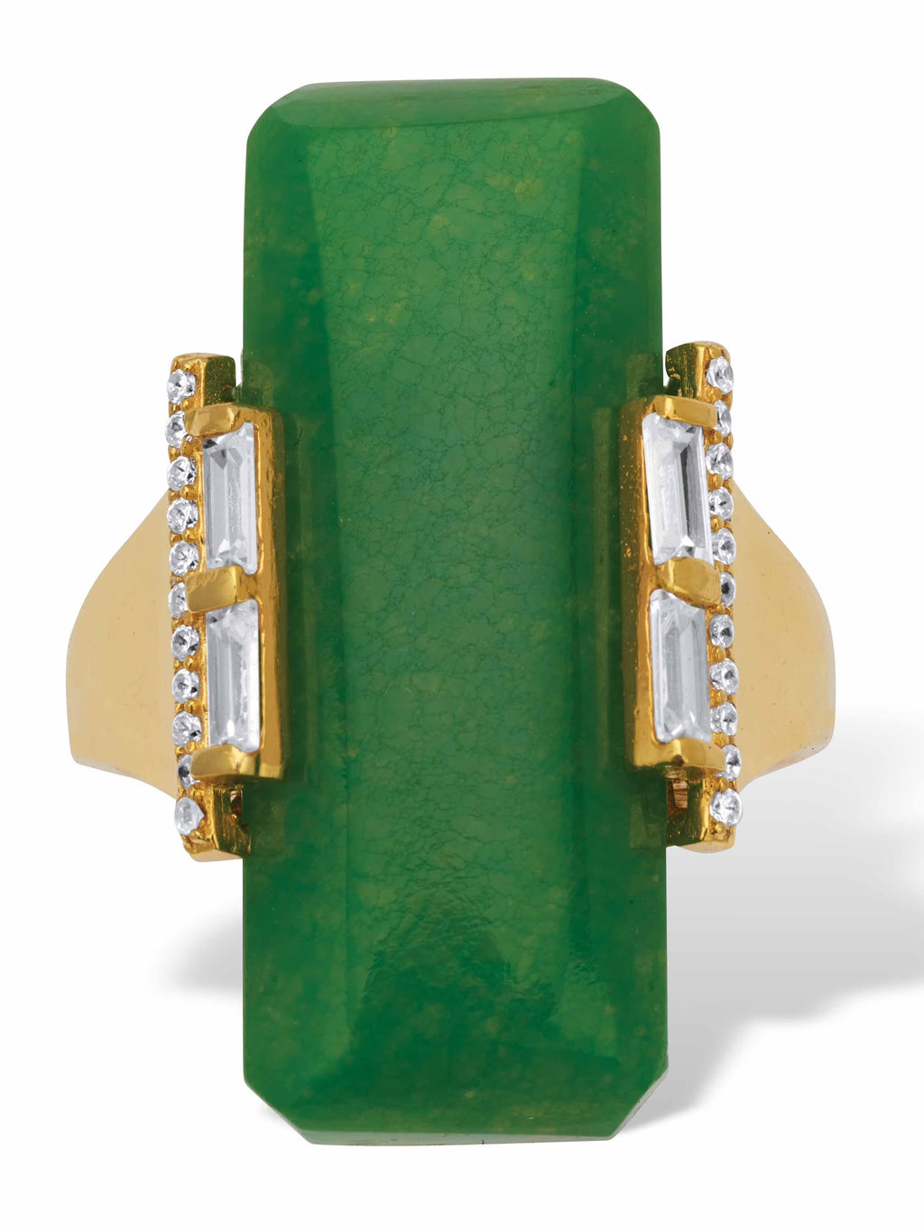 Emerald Cut Green Jade Cabochon Ring with Crystal Rounds and Baguettes in 18k Gold-plated Sterling Silver U9530