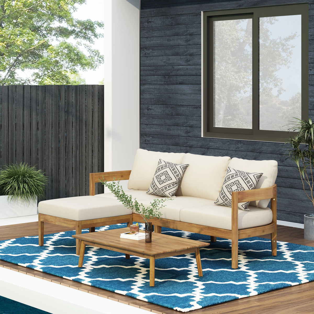 Beige Acacia Wood 3 Seater Sofa Chat Set with Ottoman K513673