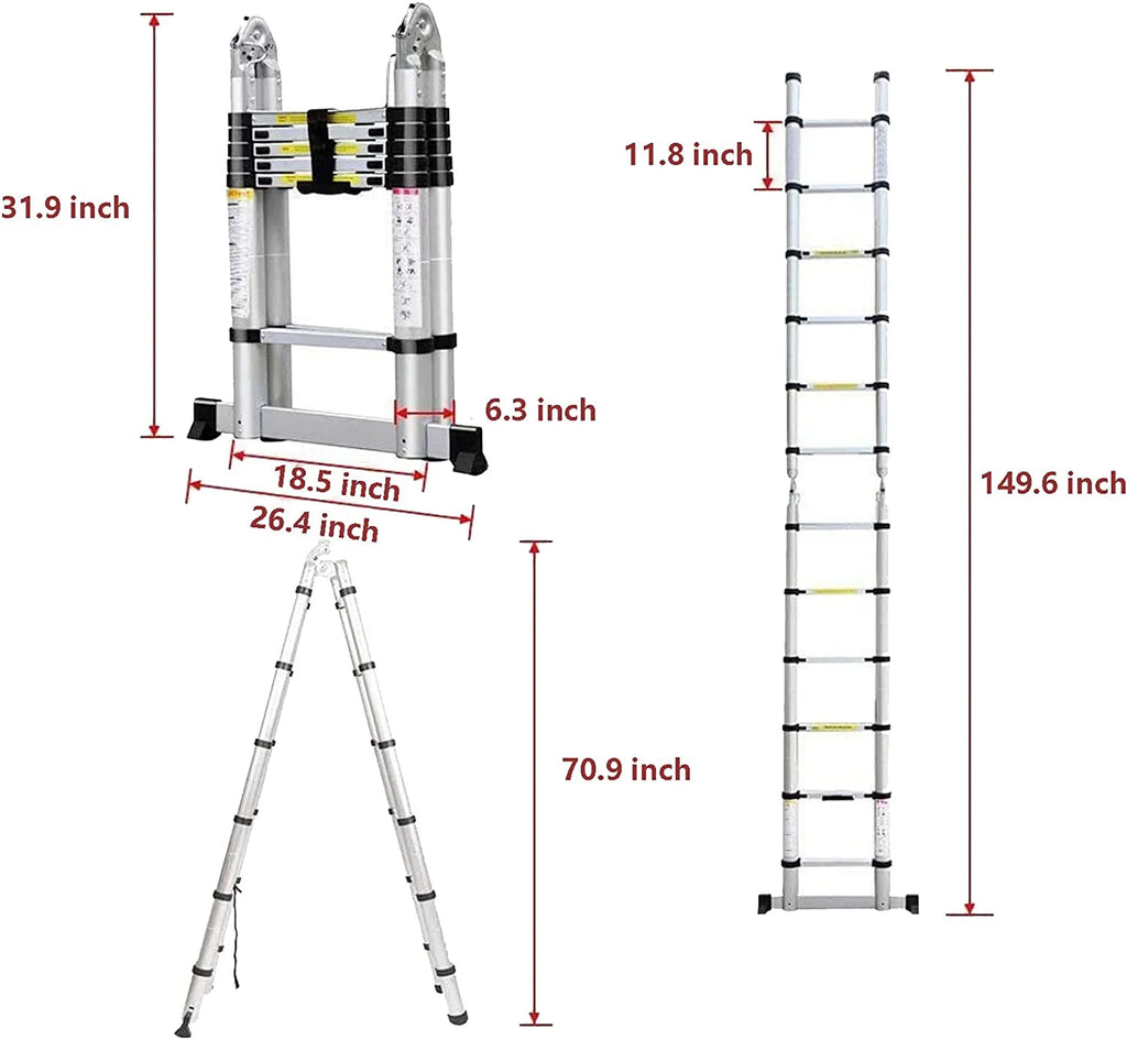 Telescoping Ladder 12.5 FT Aluminum Lightweight Compact Ladder with Stabilizer Bar, 330lb Load Capacity F62583