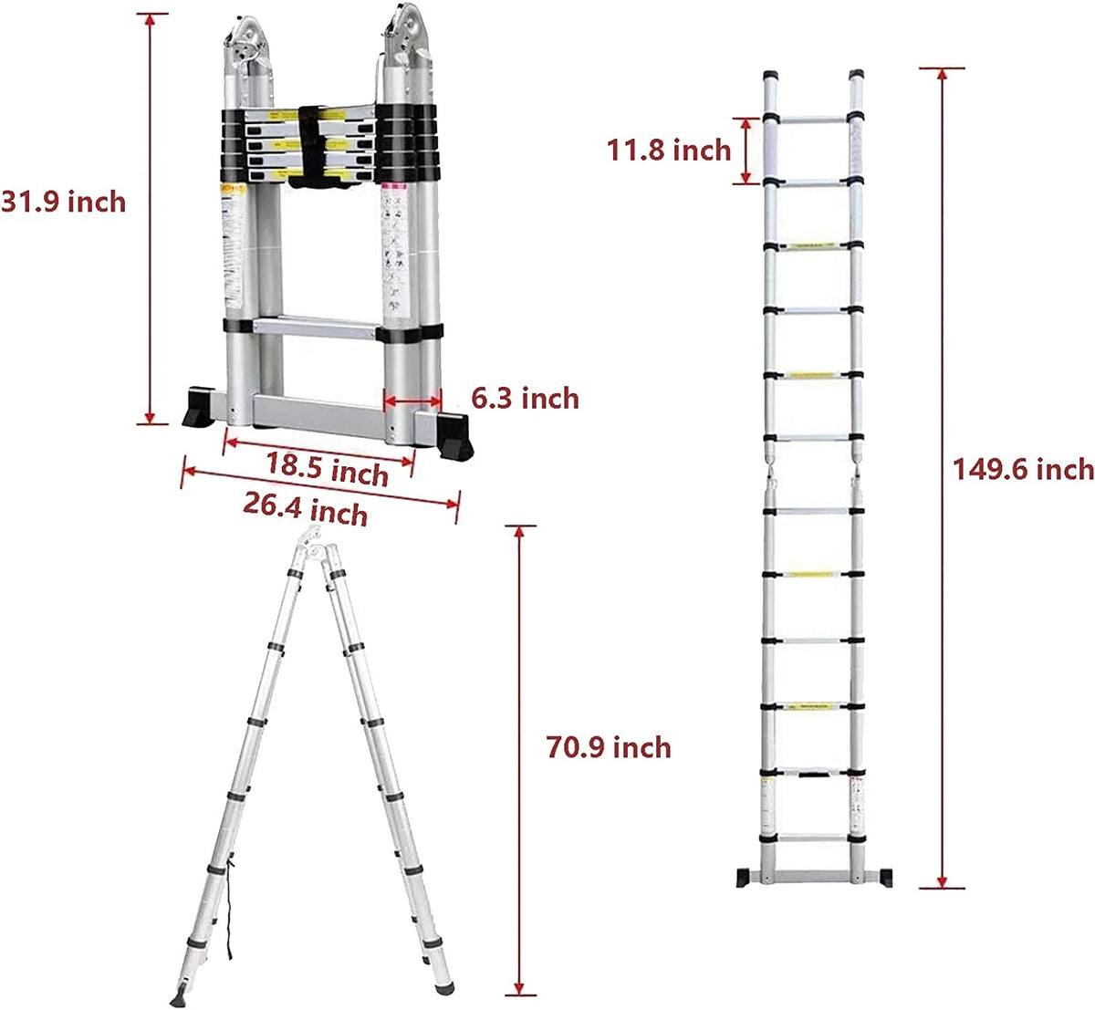 Telescoping Ladder 12.5 FT Aluminum Lightweight Compact Ladder with Stabilizer Bar, 330lb Load Capacity F62583