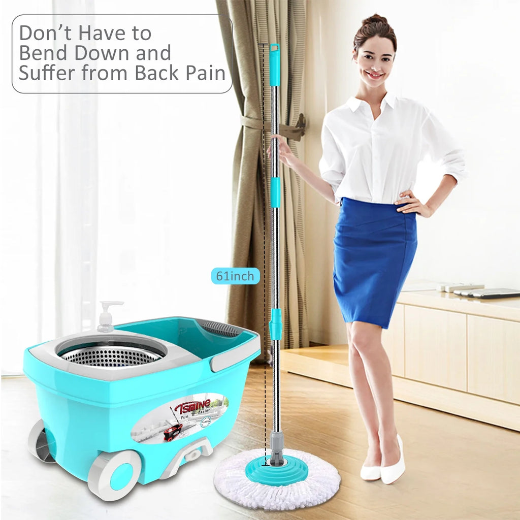 Spin Mop Bucket System Stainless Steel with 6 Microfiber Replacement Head Refills, 61" Extended Handle M1899