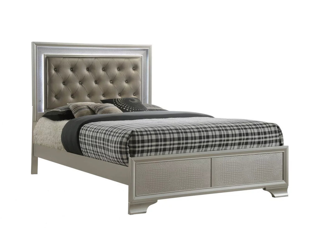 Champagne 3pc Full Size LED Bed and Storage Nightstand Wooden Bedroom Furniture Set R8846