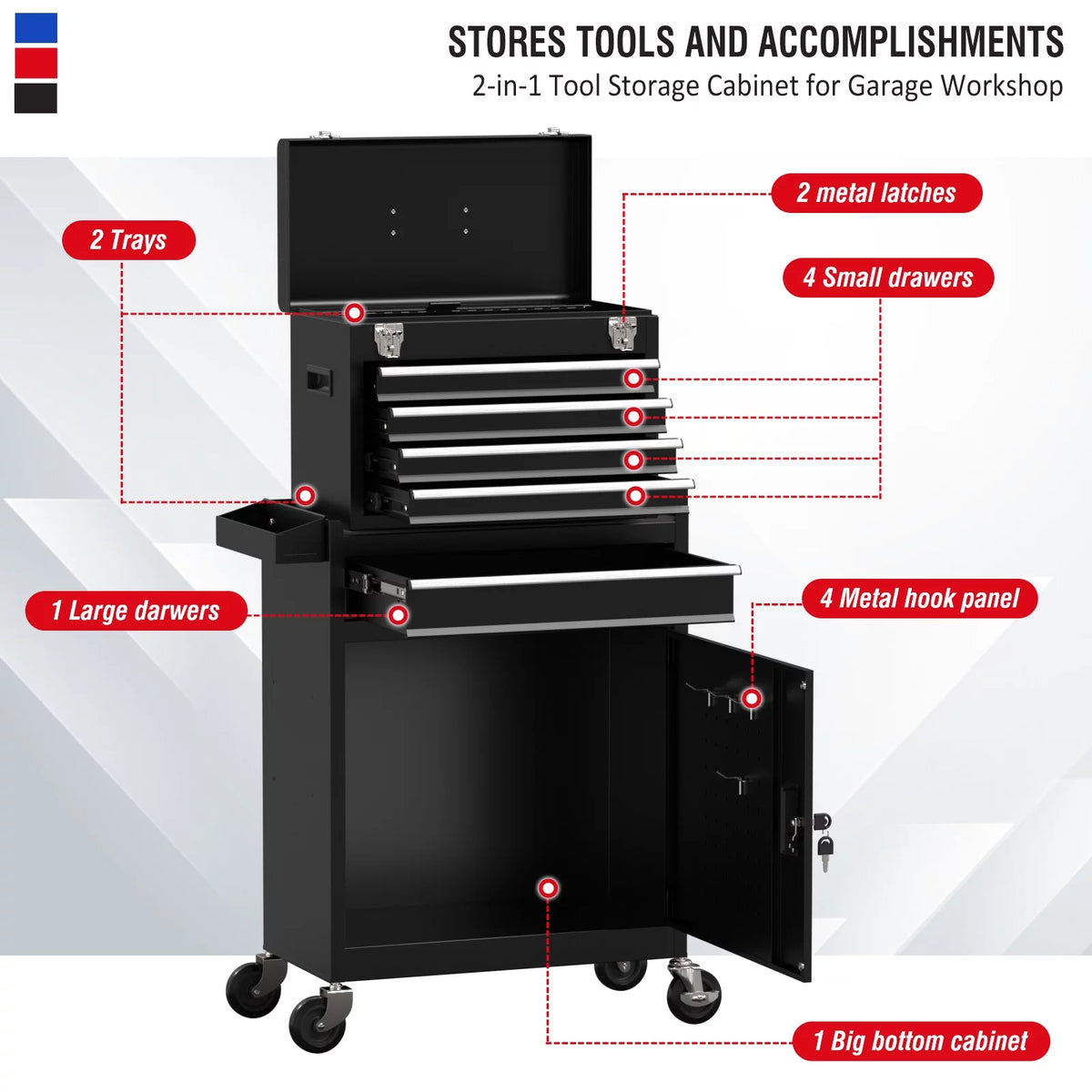 Black 5 Drawer Tool Storage Cabinet with Wheels and Lock T300248