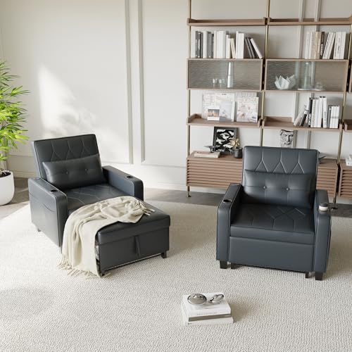 Black Leather Convertible Sofa Chair Bed H714393