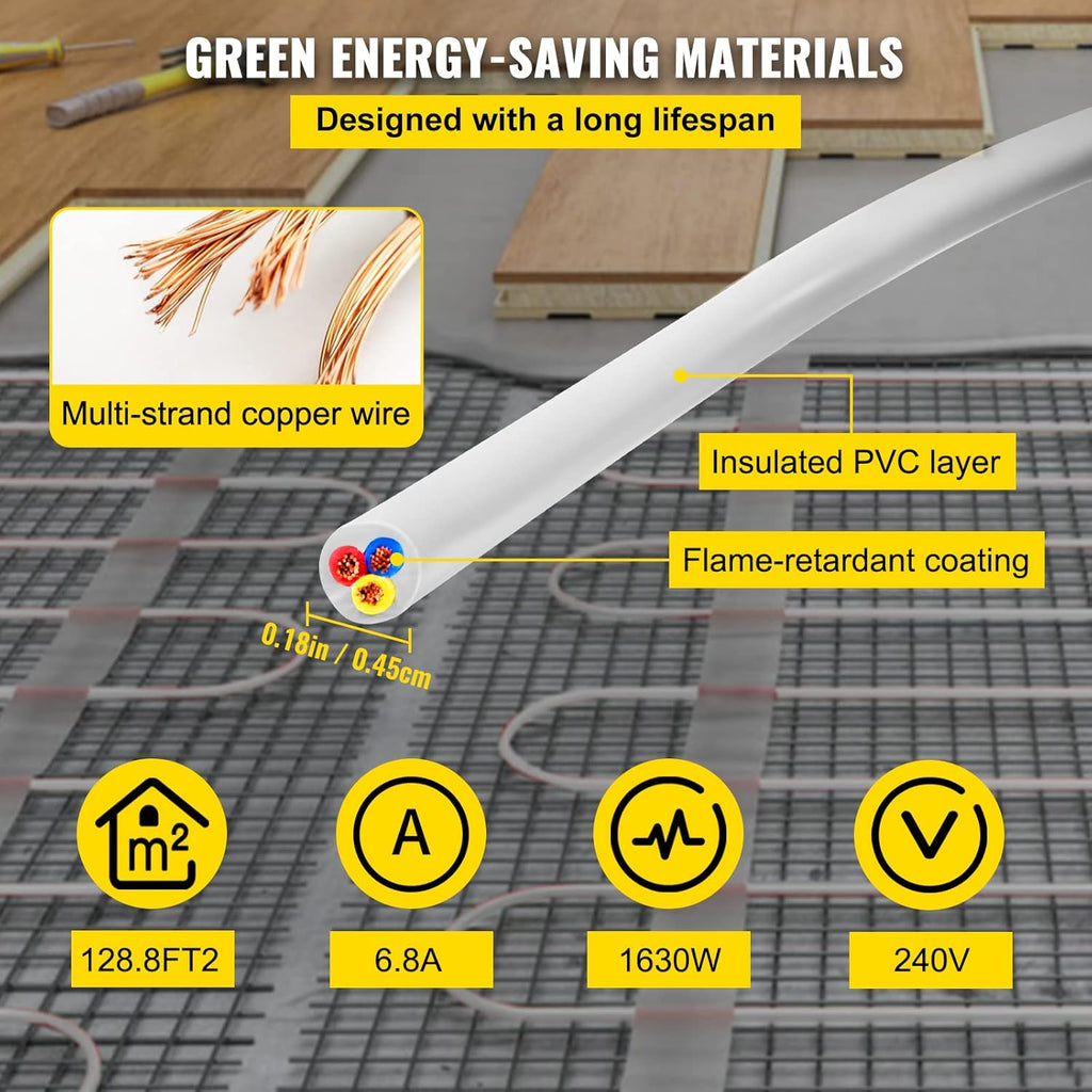 128.8 Square Feet Waterproof Insulated Floor Heating Cable with Temperature Control Panel Z718