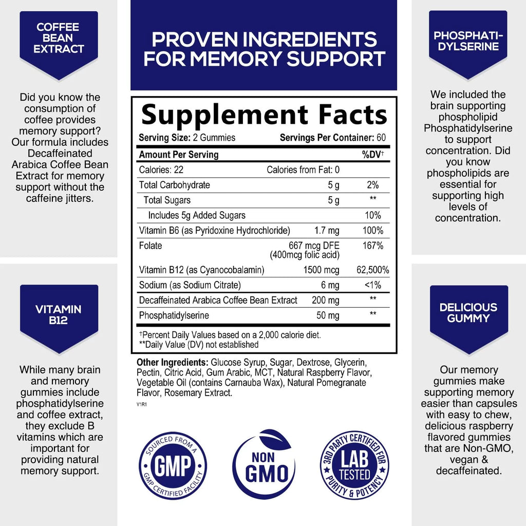 Nootropic Brain Booster Memory Supplement Gummy with B12, Phosphatidylserine, Coffee Extract - 120 Gummies T7074