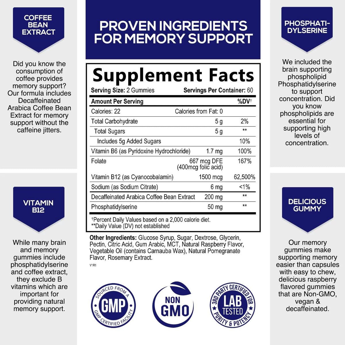 Nootropic Brain Booster Memory Supplement Gummy with B12, Phosphatidylserine, Coffee Extract - 120 Gummies T7074