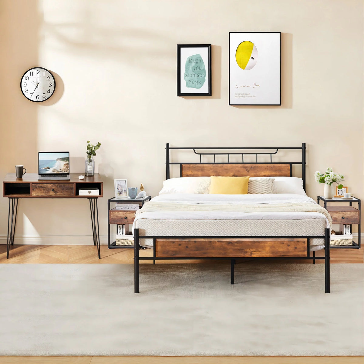 4-Piece Bedroom Set with Queen Bed Frame, Cosmetic Table, Two Nightstands, Brown B91700