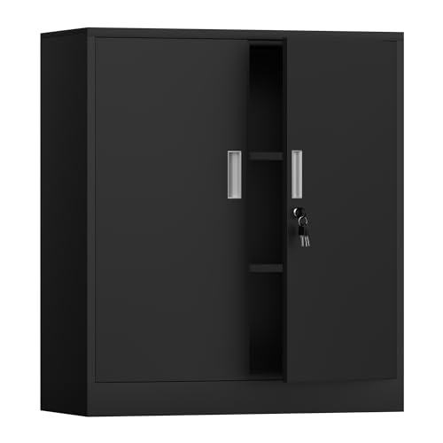 Black Metal Storage Cabinet with Locking Doors and 2 Adjustable Shelves Y3749