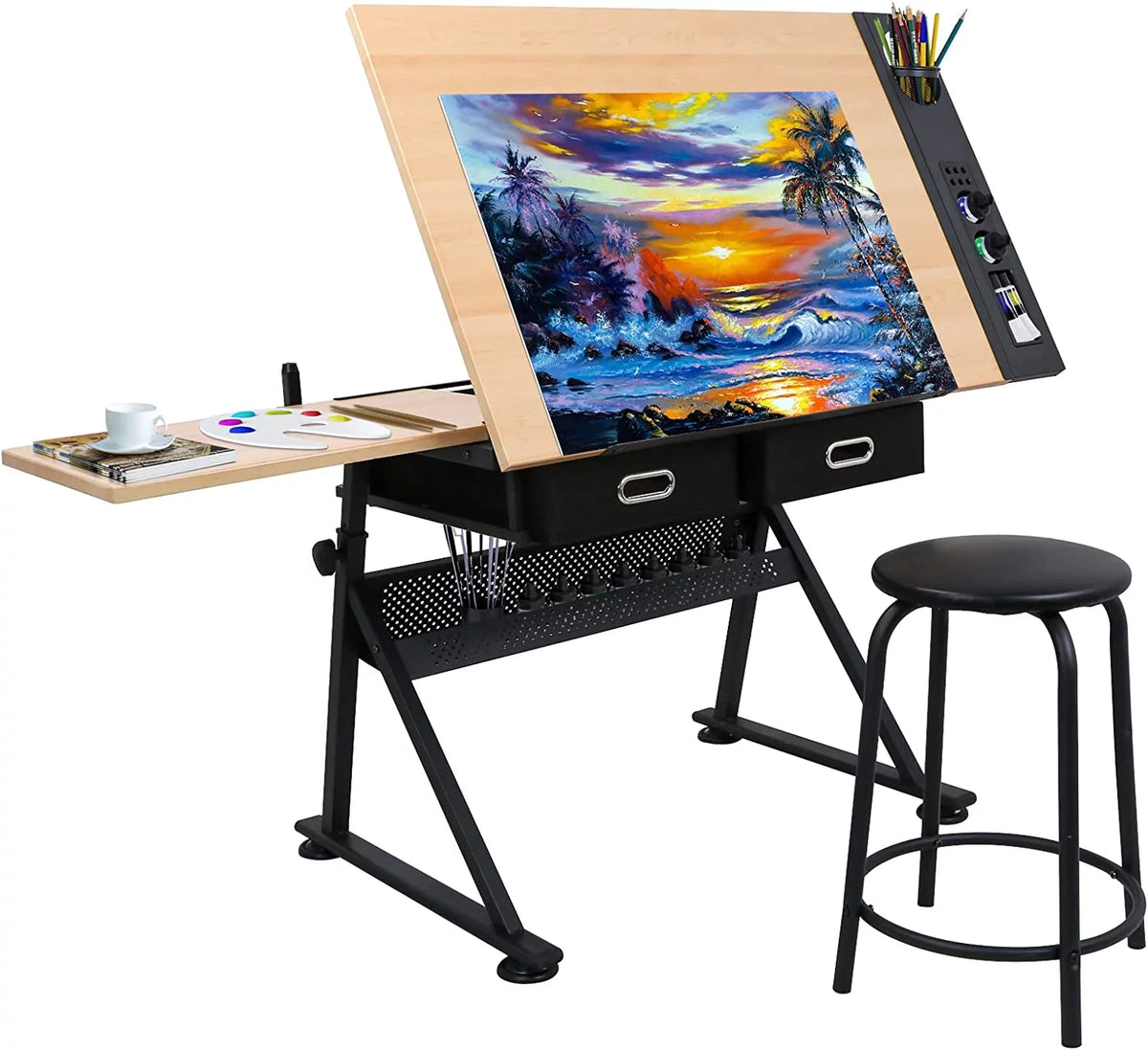 Height Adjustable Drafting Table with Stool and Storage Drawer A897240