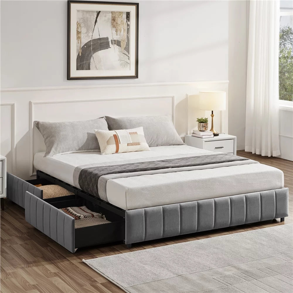Queen Size Upholstered Bed Frame with 4 Storage Drawers Beige J6880