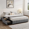Queen Size Upholstered Bed Frame with 4 Storage Drawers Beige J6880
