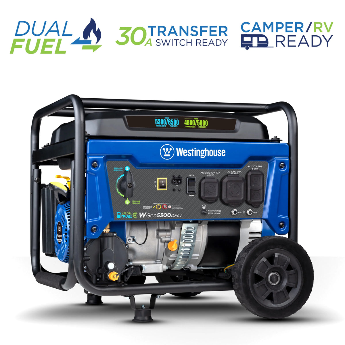 6500 Peak Watt Dual Fuel Portable Generator with CO Sensor and Wheel Kit I52722