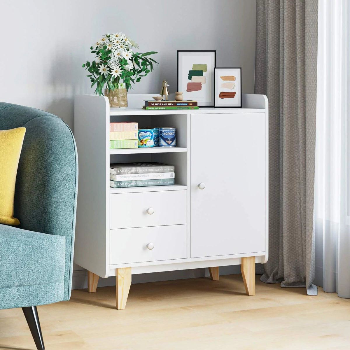 White Wooden Floor Storage Cabinet with Door and Drawers B9293