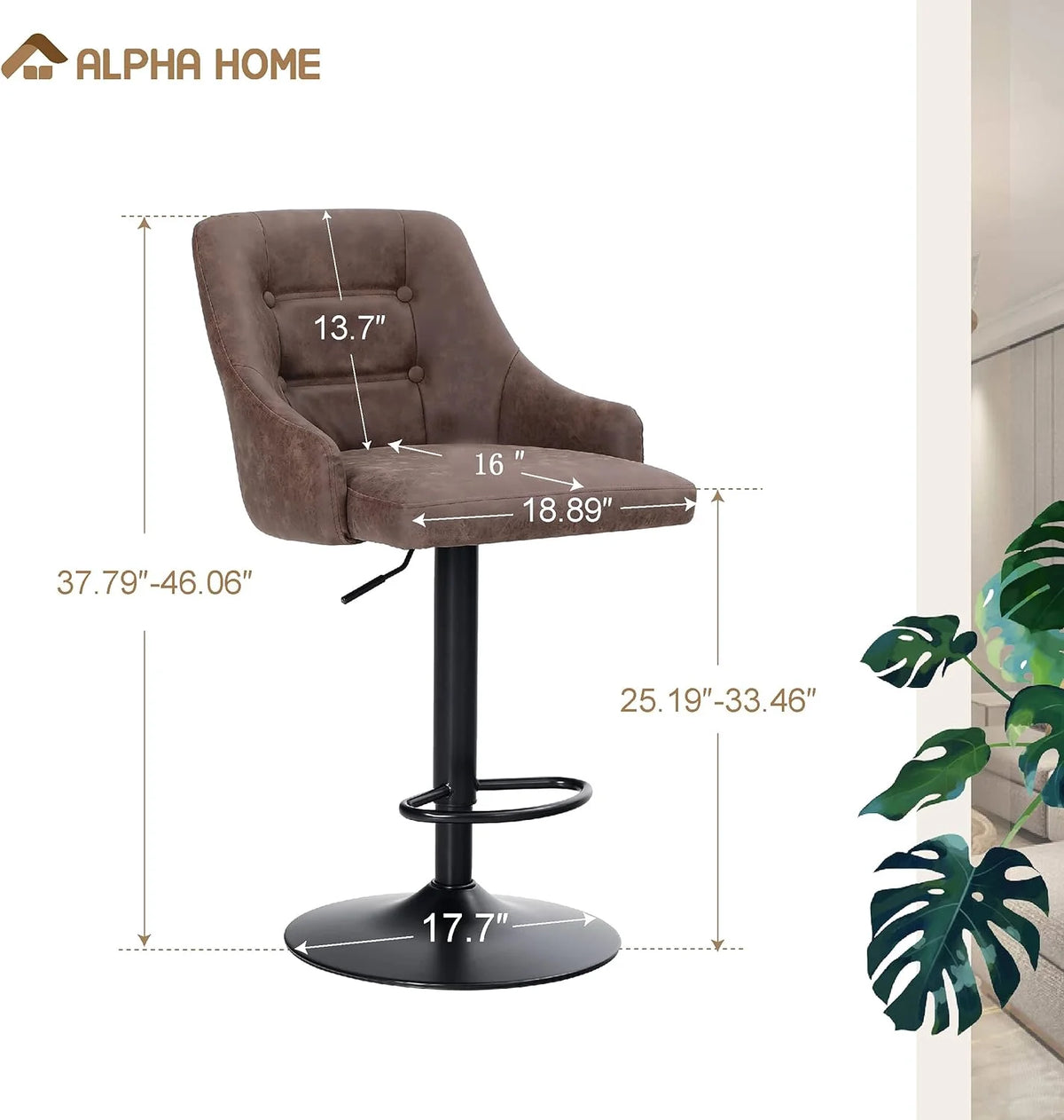 Brown PU Leather Adjustable Swivel Bar Stool with Padded Back Q2474