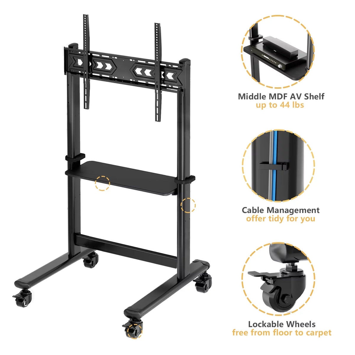 Black Rolling Mobile TV Stand for 55 to 90 inch Flat Screen TVs F86819