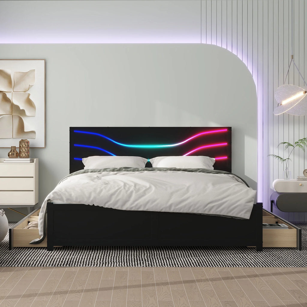 Queen Size Platform Bed with LED Light and 4 Storage Drawers E89704