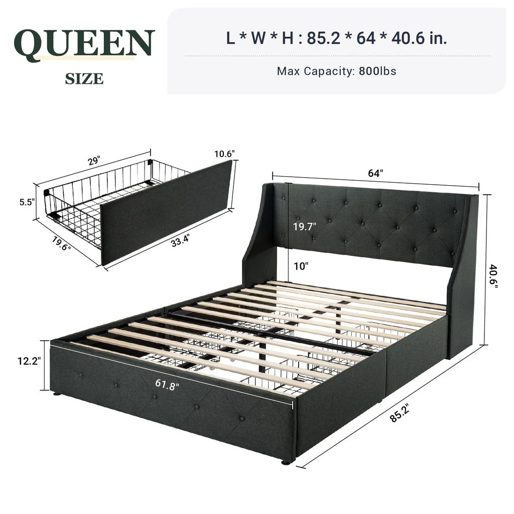 Queen Size Platform Bed Frame with 4 Storage Drawers X866671