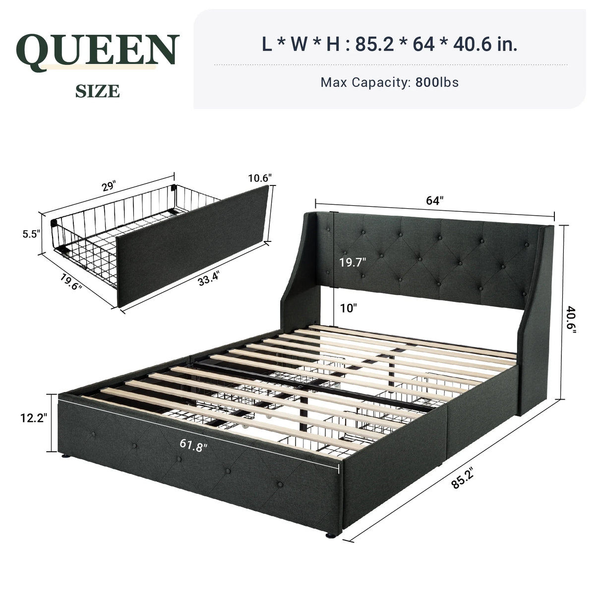 Queen Size Platform Bed Frame with 4 Storage Drawers X866671