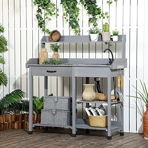 Wooden Potting Bench Table with Sink and Drawer T6717