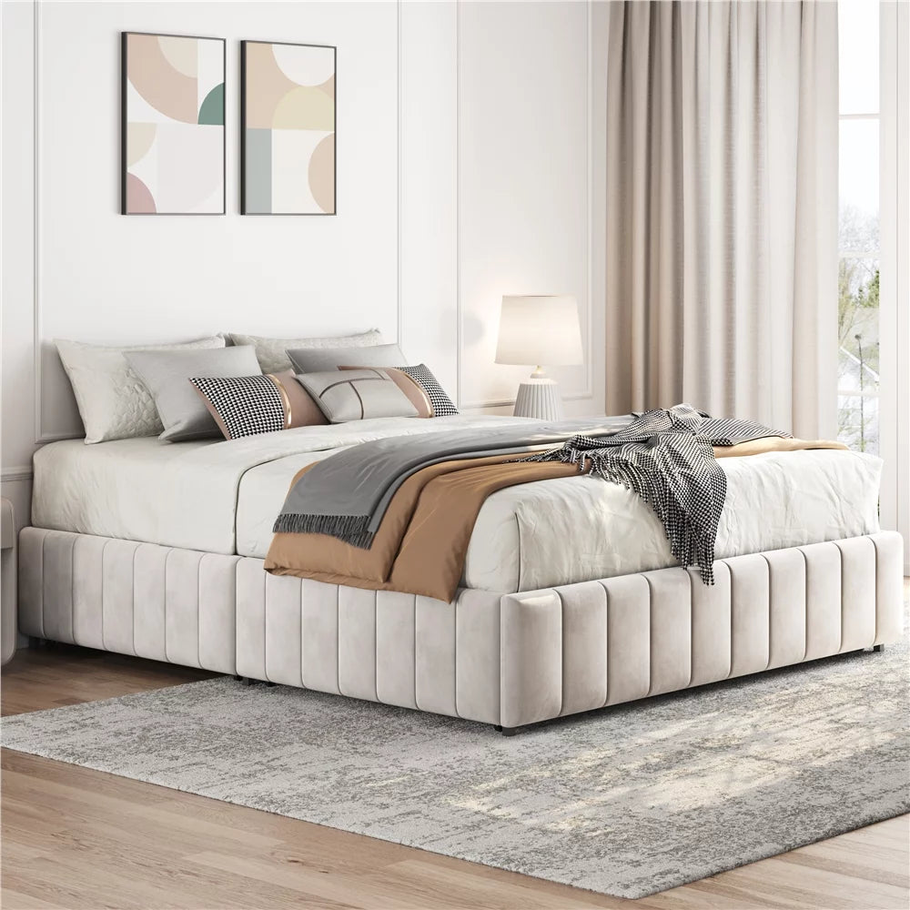 Queen Size Upholstered Bed Frame with 4 Storage Drawers Beige J6880