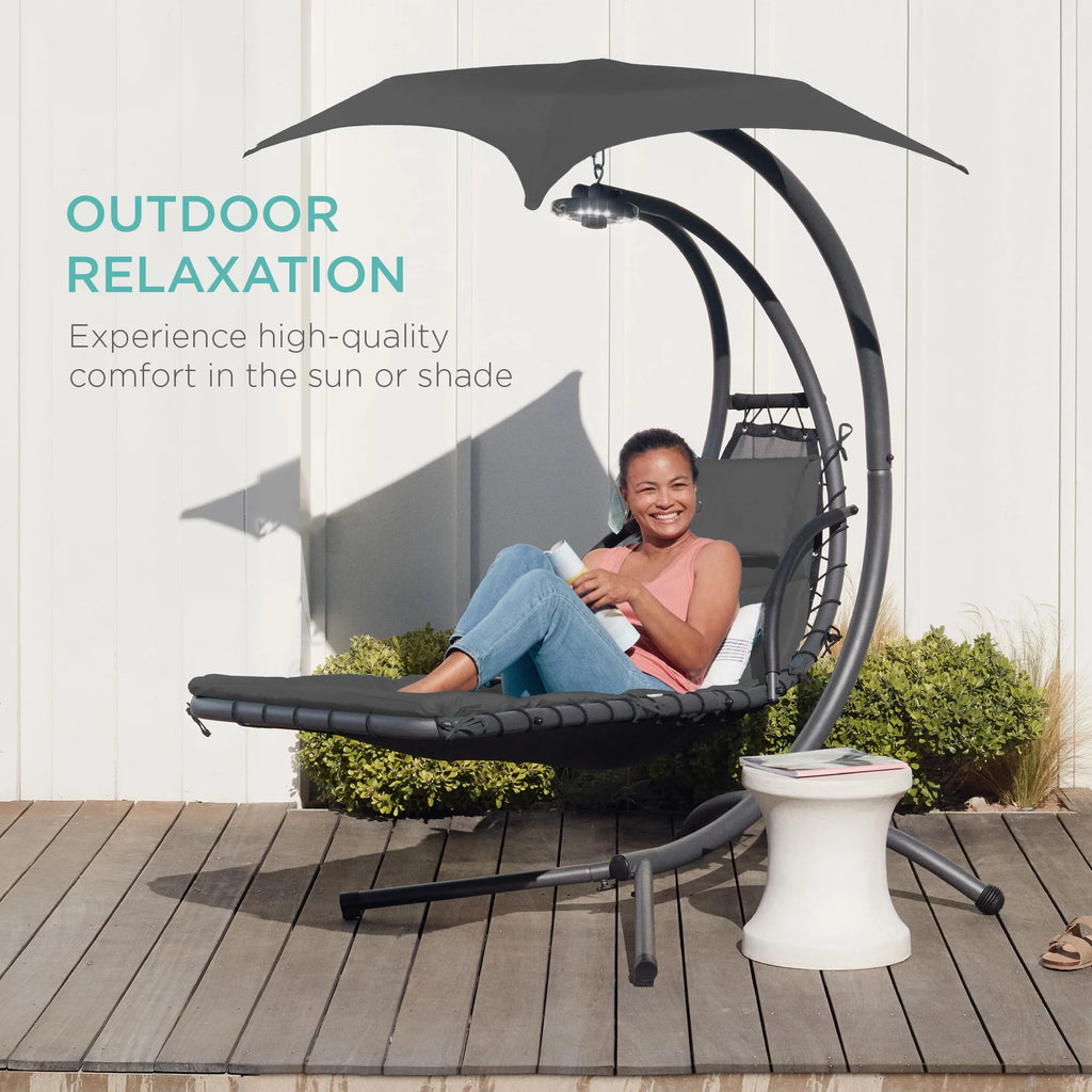 Hanging LED-Lit Curved Chaise Lounge Chair with Pillow, Canopy, Stand - Gray O90326