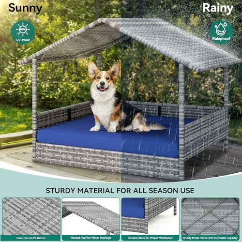 Large Wicker Dog House with Cushion and Canopy S611532