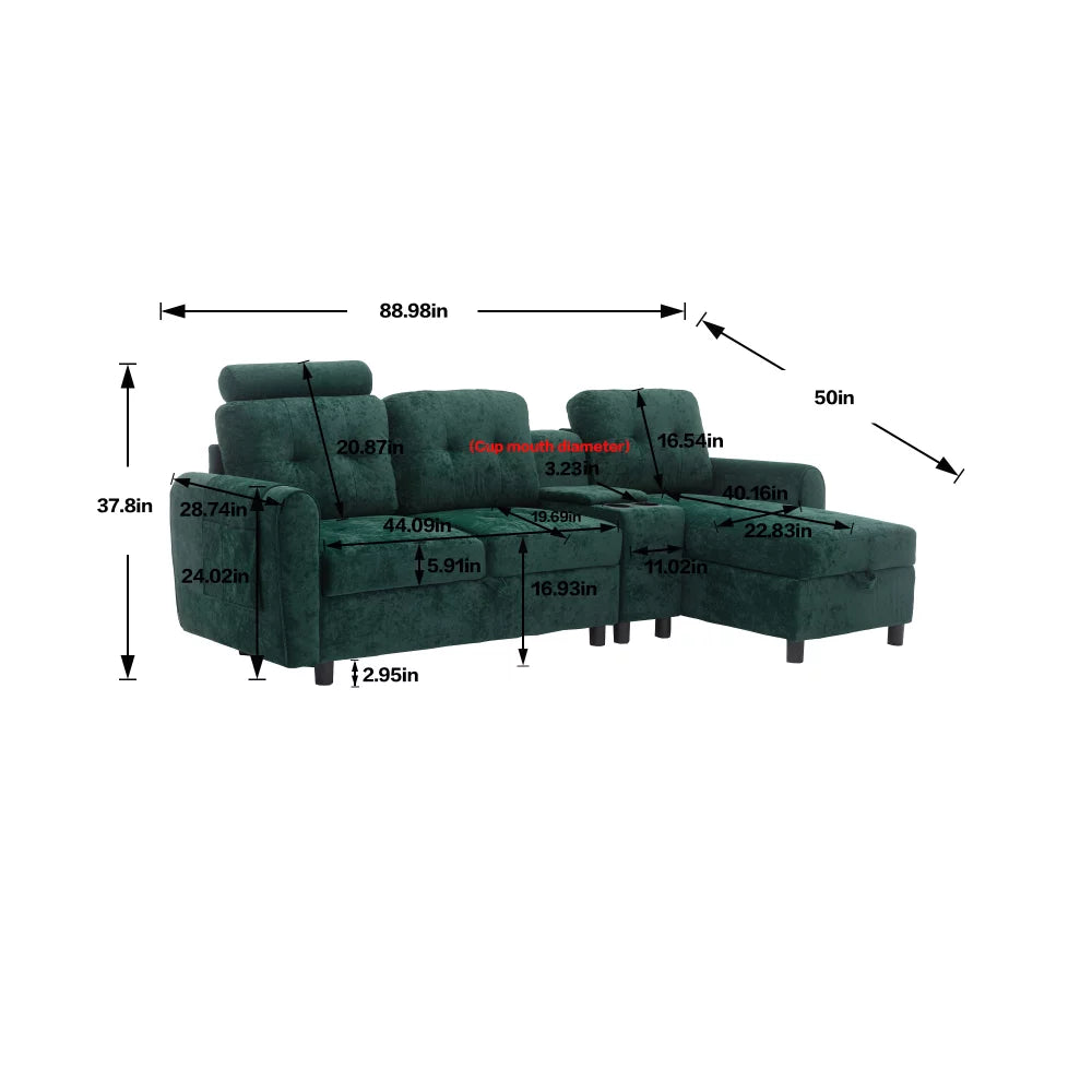 3-Seater Sectional Sofa with Storage and Cup Holders W76386