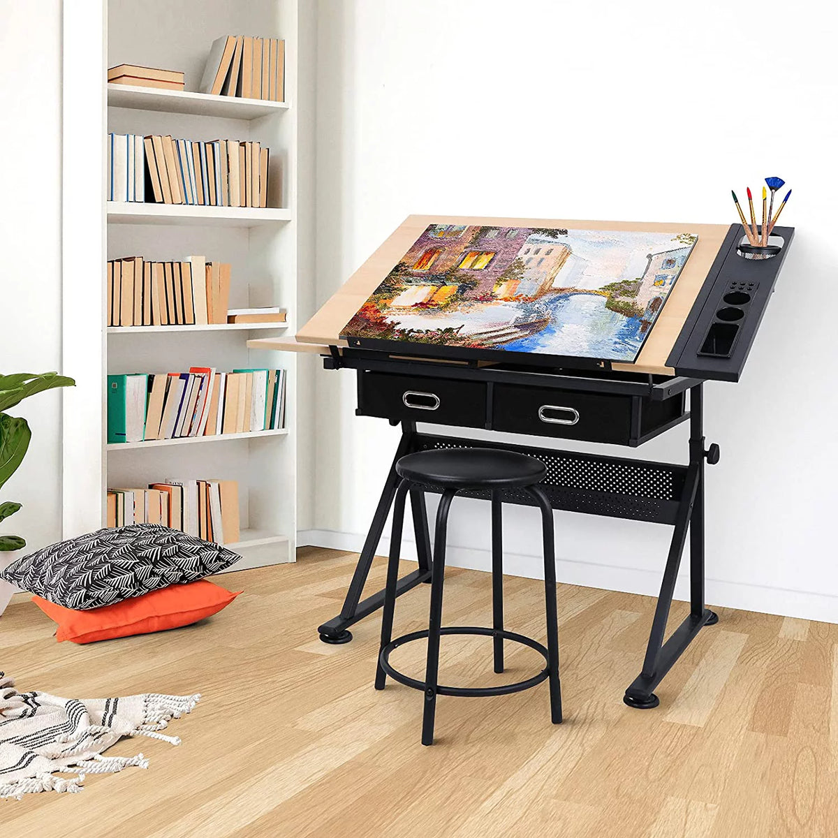Height Adjustable Drafting Table with Stool and Storage Drawer A897240