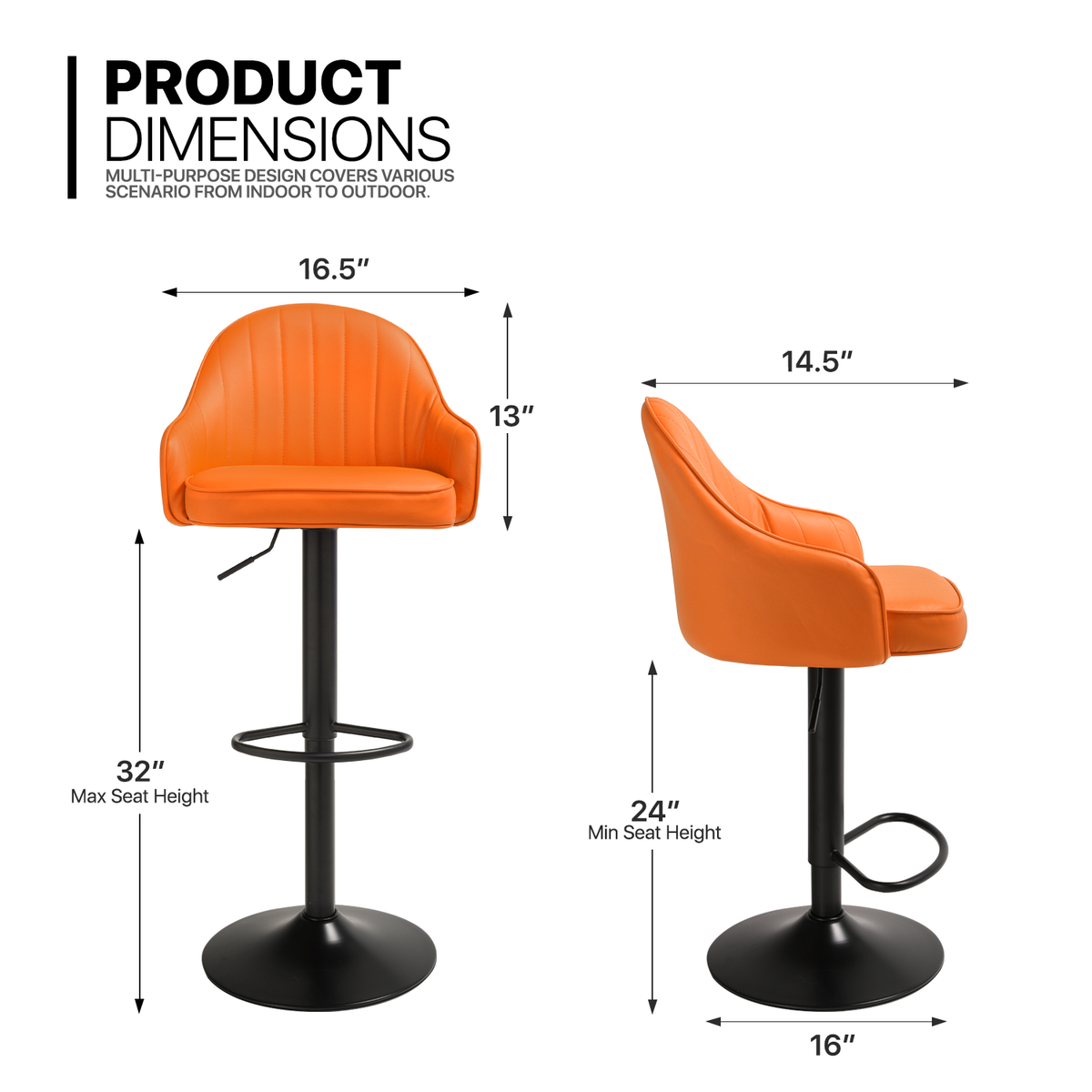 Orange Faux Leather Swivel Bar Stool Set of 2 with Backrest & Armrest D35024