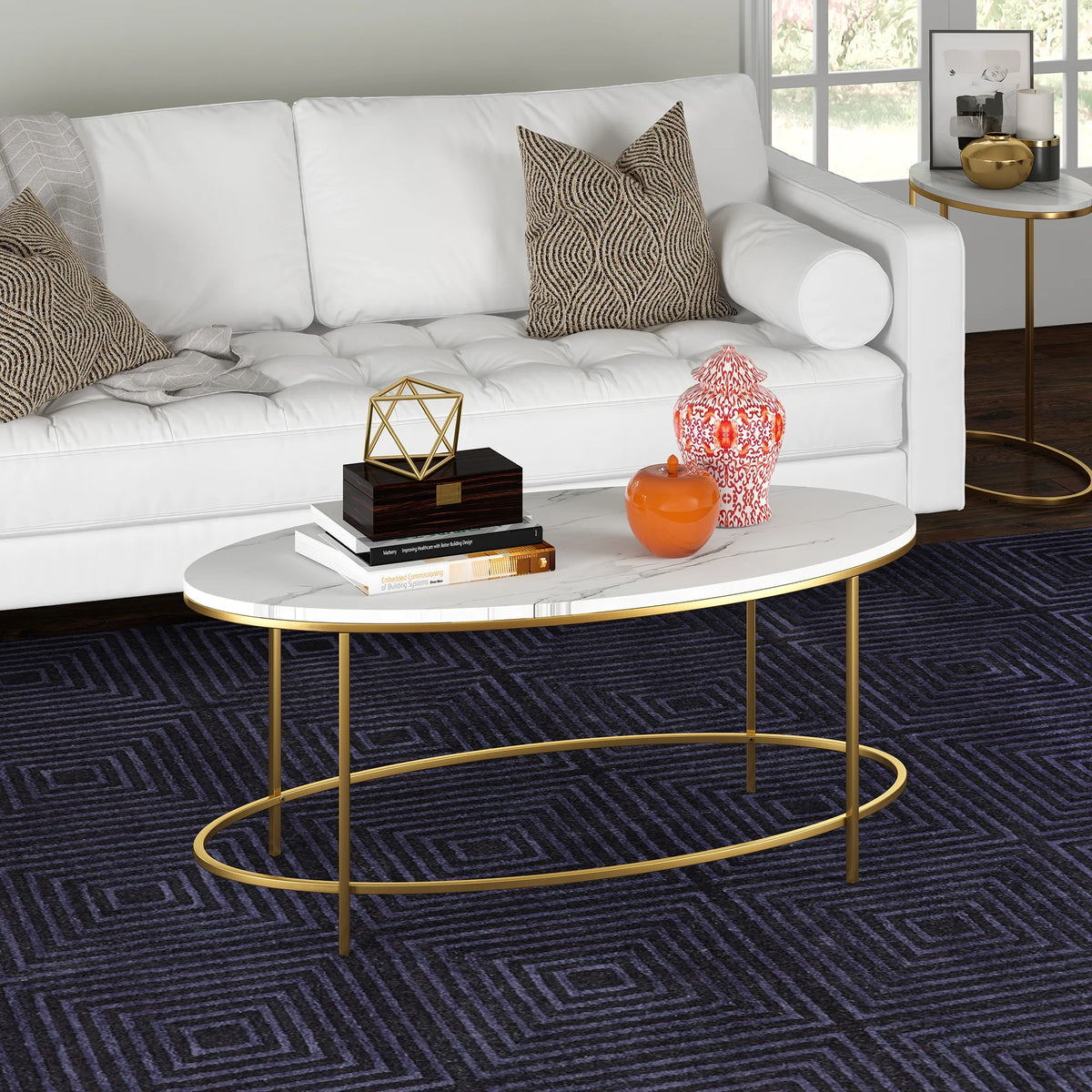 42" Wide Oval Coffee Table with Faux Marble Top E200781