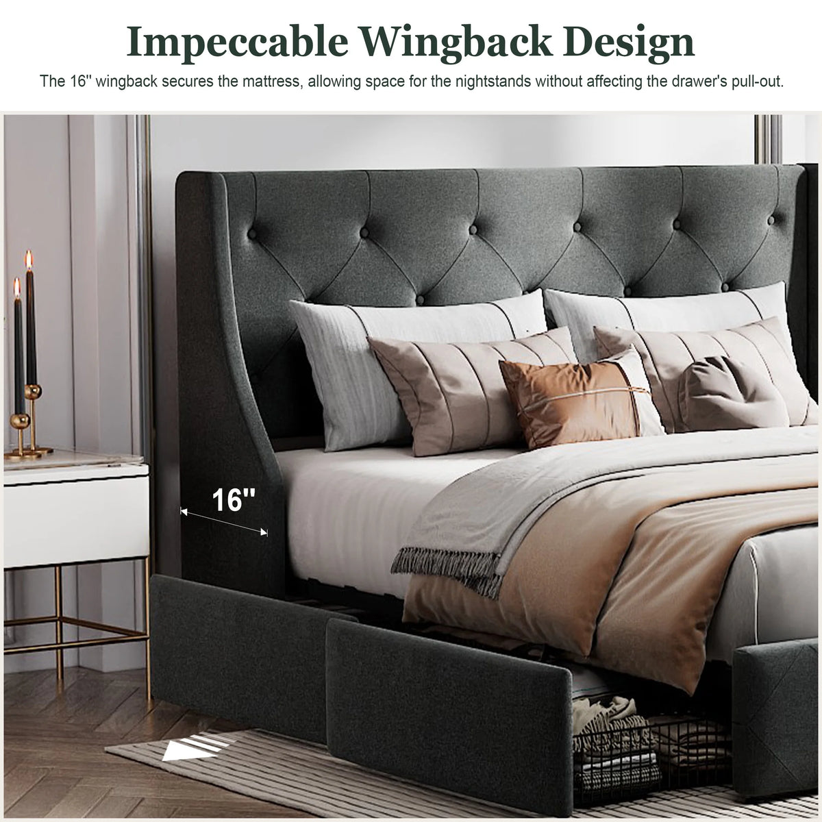 Queen Size Platform Bed Frame with 4 Storage Drawers X866671