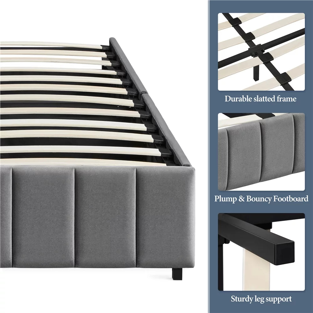 Queen Size Upholstered Bed Frame with 4 Storage Drawers Beige J6880