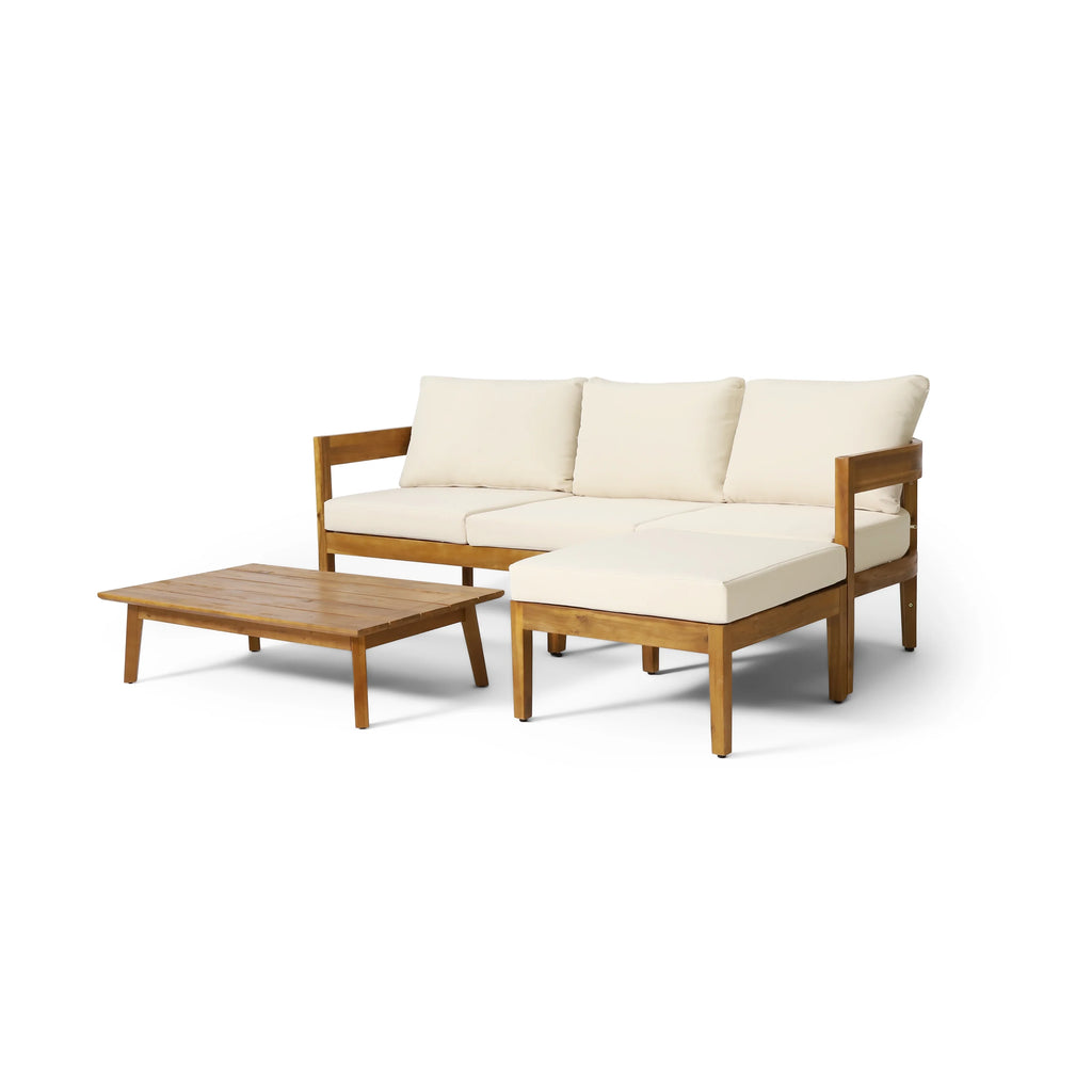 Beige Acacia Wood 3 Seater Sofa Chat Set with Ottoman K513673