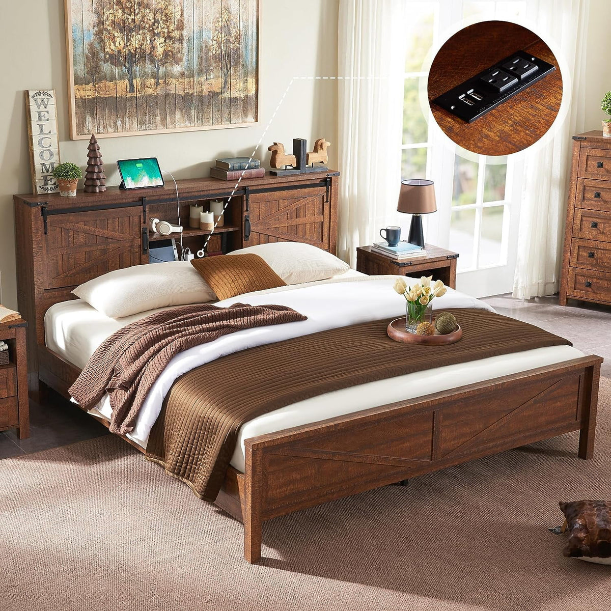 Full Platform Bed with Bookcase Headboard and Charging Station H82562