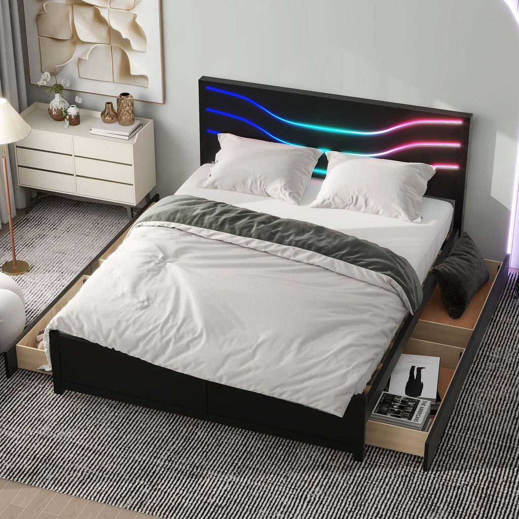Queen Size Platform Bed with LED Light and 4 Storage Drawers E89704