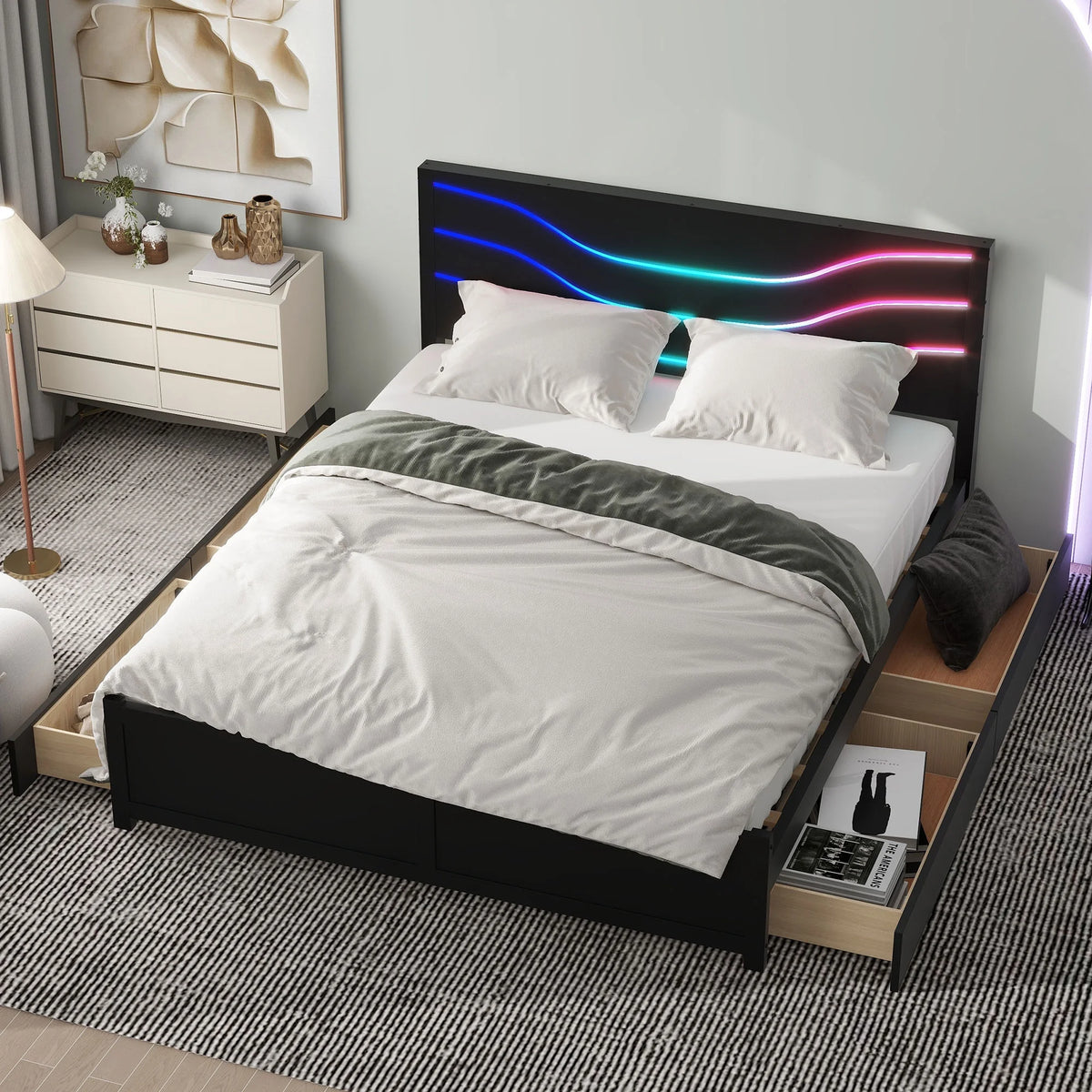 Queen Size Platform Bed with LED Light and 4 Storage Drawers E89704