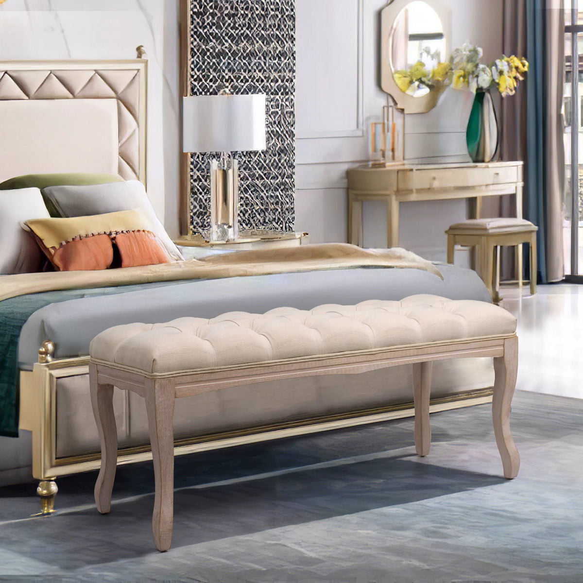 Beige Upholstered Wood Bed Bench U249003