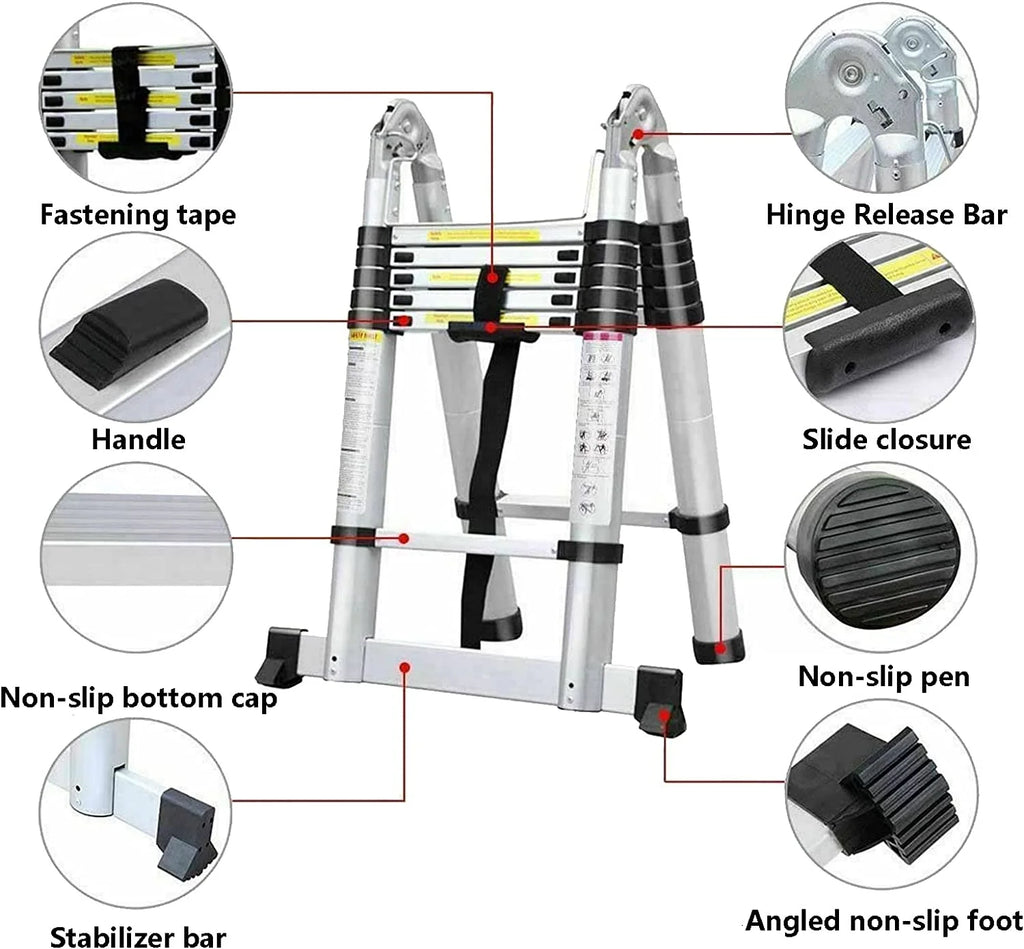 Telescoping Ladder 12.5 FT Aluminum Lightweight Compact Ladder with Stabilizer Bar, 330lb Load Capacity F62583